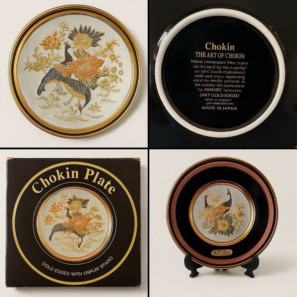 The Art of Chokin 6” Collector Plate 24K Gold Edge Peacocks Japan w/ Box